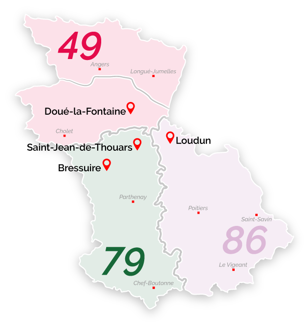 Carte de trois départements, Maine-et-Loire, les Deux-Sèvres et la Vienne, localisation des sites de l'entreprise Gueret